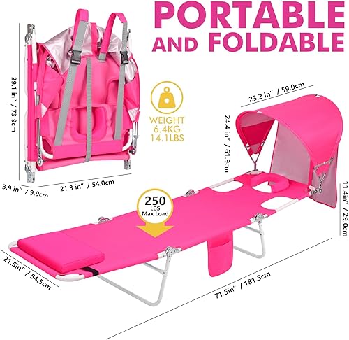 Miniatura 2 de Silla de bronceado de playa con toldo y agujero facial, silla plegable de 6 posiciones para adultos al aire libre, lectura, tomar el sol, junto a la