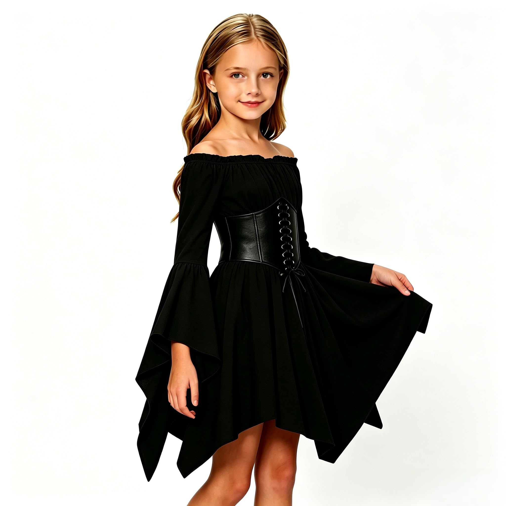 Girls Medieval Short Dress Off Shoulder Pirate Dress Medieval Dress, Elastic Smocked Waist, Flared Sleeve, Renaissance Steampunk Style, Halloween Cosplay Carnival Costume — image 1