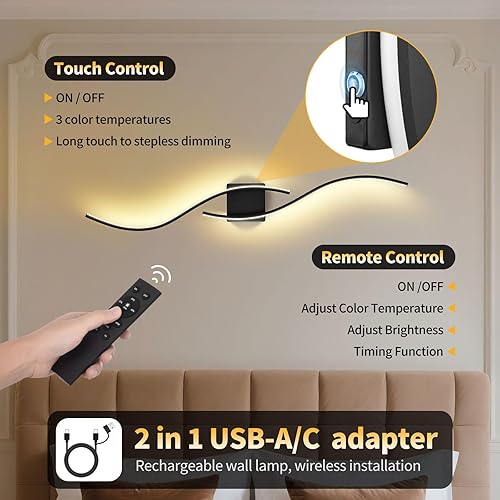 Miniatura 6 de Juego de 2 apliques de pared a pilas con control remoto, luces de pared inalámbricas regulables de 3000 K-6000 K, juego de apliques de decoración de