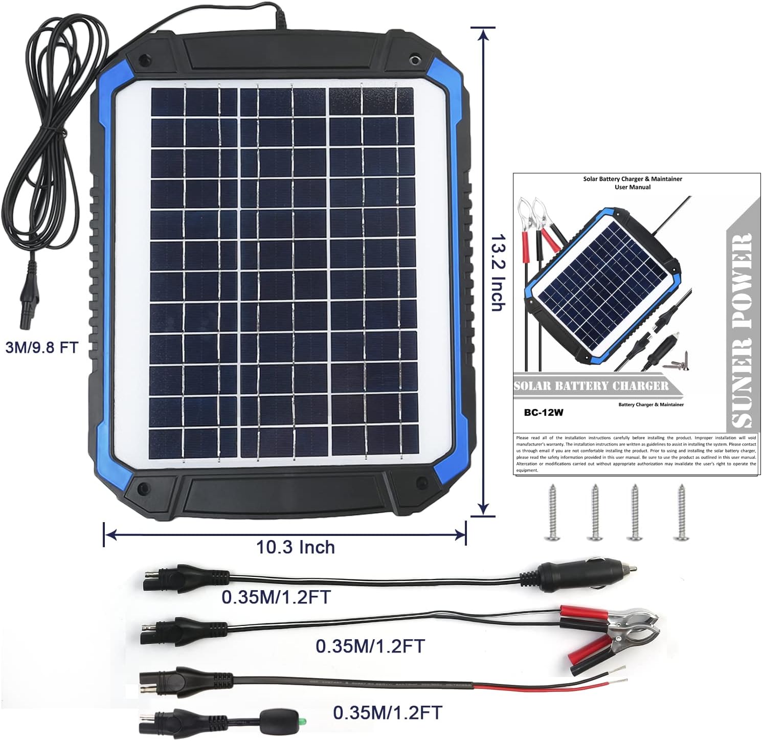 New Deal SUNER POWER 12V Solar Car Battery Charger & Maintainer - Portable 12W Solar Panel Trickle Charging Kit for Automotive, Motorcycle, Boat, Marine, RV, Trailer, Powersports, Snowmobile, etc