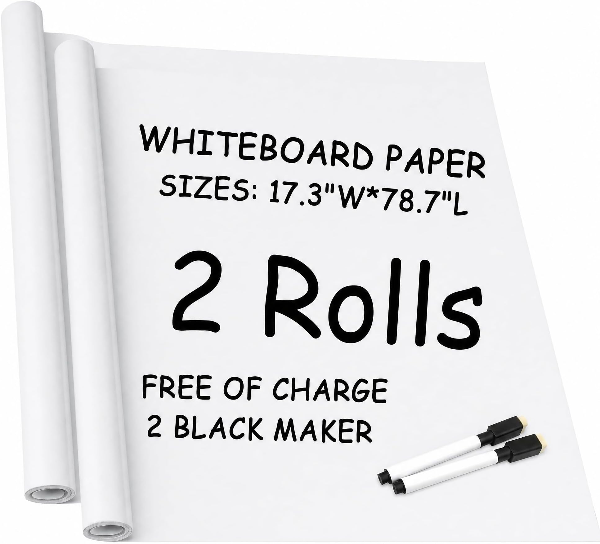 2 Rolls Whiteboard Paper Sticker Roll, DIY Self-Adhesive Dry Erase Paper Film, Large 17.3" X 78.7" with 2 Black Water-Based Pens, Chalkboard Wallpaper for Home Office