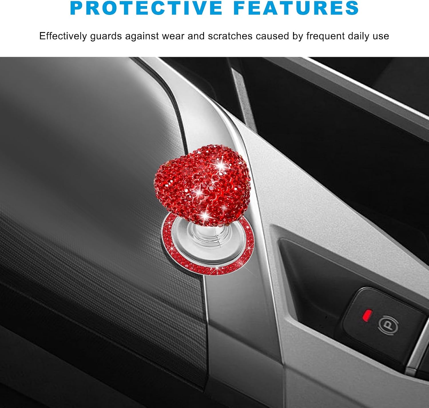 2 PCS Bling Push to Start Button Cover, Heart Car Engine Start Stop Button Protective Cover Crystal Decoration Set, Sparkling Auto Key Ignition Knob Protector for Women Men (Red) image 4