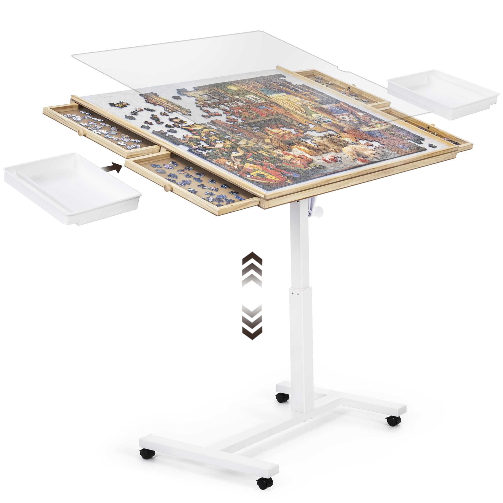 ropoda 1500 PCS Jigsaw Puzzle Table with Drawers and Single-Pedestal,35"x 26.8" Angle & Height Adjustable Wooden Puzzle Borad with 6 Drawers &Cover& 4 Roller Wheels
