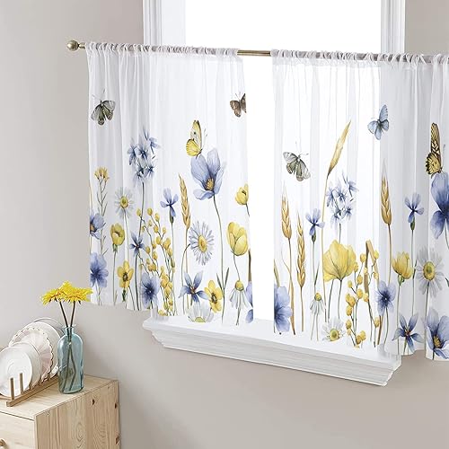 Cortinas traslúcidas florales de primavera de 45 pulgadas de largo, juego de 2 paneles de tulipanes azules y amarillos, cosecha de trigo botánico, disponible en Yaxa Colombia