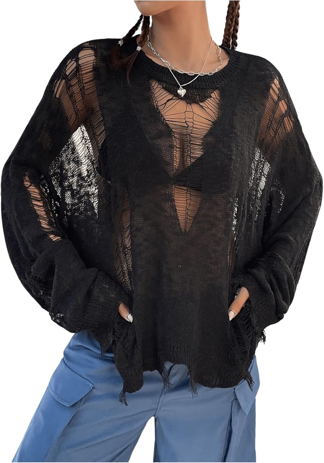GORGLITTER Women's Gothic Distressed Sweater Hollow Out Ripped Long Sleeve Round Neck Oversized Pullover Sweaters