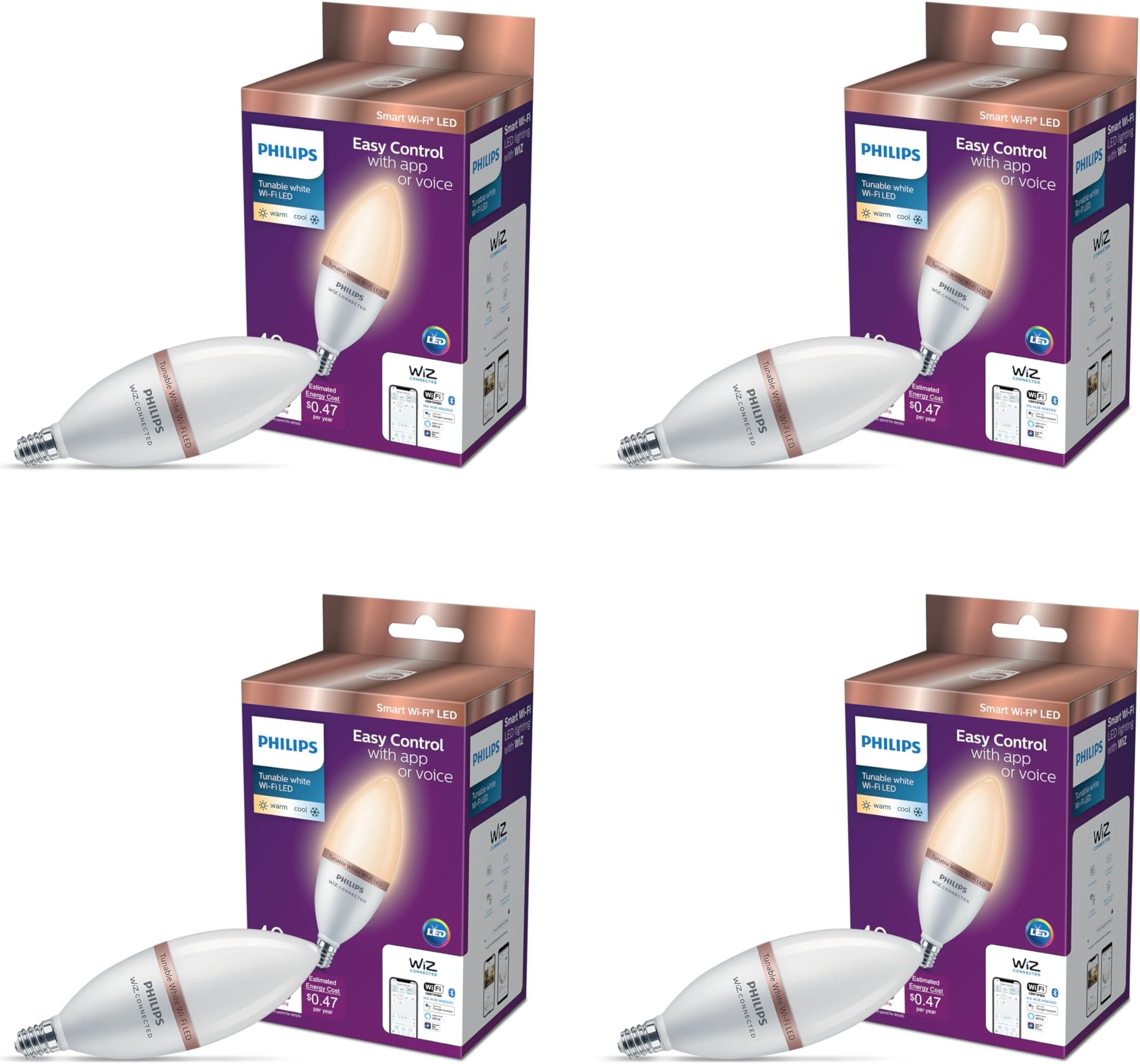 Smart 40W B12 Tunable White Smart Candle-shape 4-Pack, E12, Dimmable, Indoor, Connect to Wi-Fi, Control Voice or App - Powered by WiZ Connected