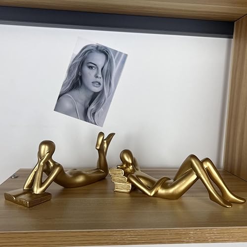 Miniatura 38 de Estatua de lectura, escultura abstracta, estatuas de resina para decoración del hogar, estante moderno de oficina en el hogar, estantería de Oro