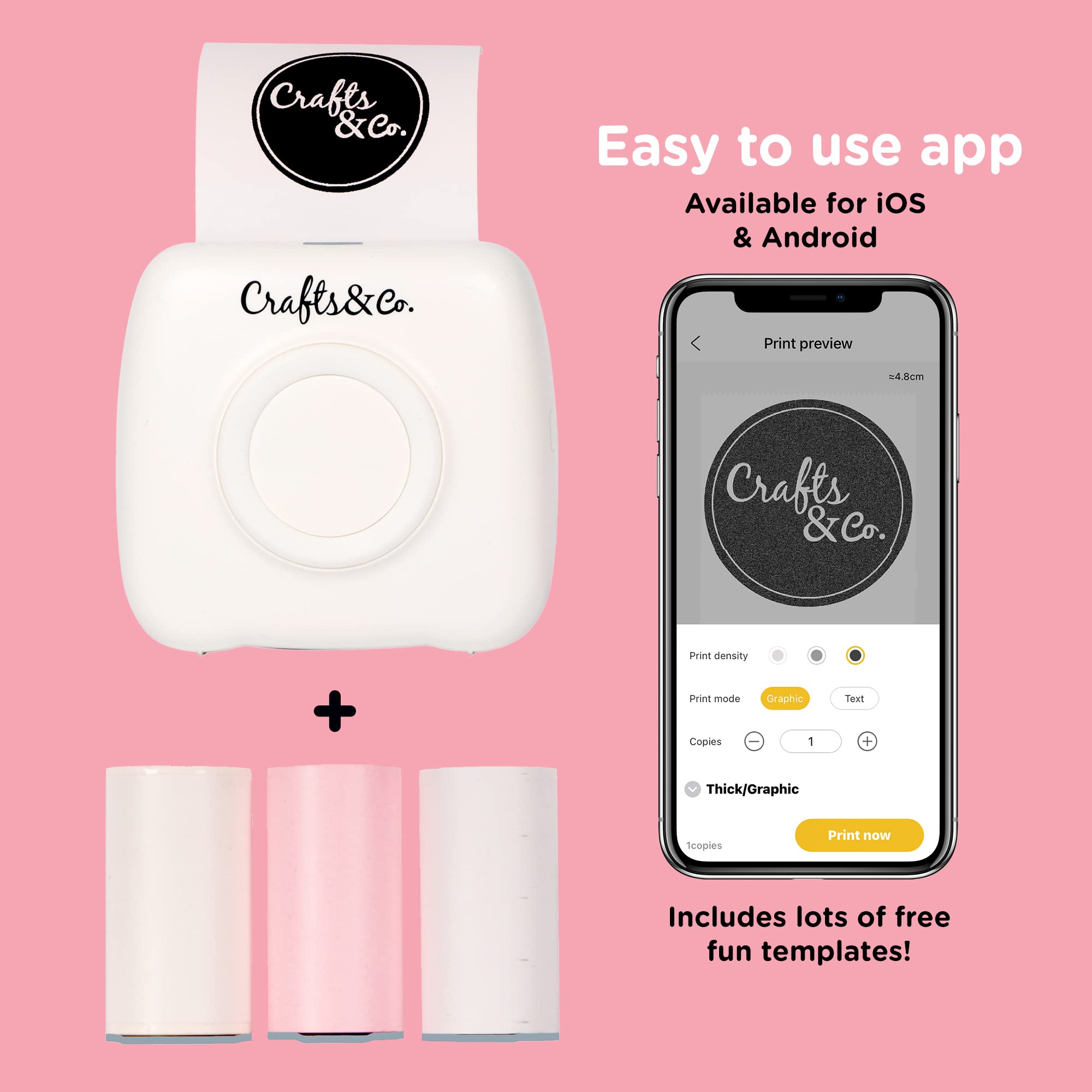 Crafts&Co Przenośna mini drukarka termiczna do smartfonów | Natychmiastowa mini drukarka Bluetooth, drukowanie naklejek, zdjęć, etykiet, zawiera 3 rolki papieru + aplikacja