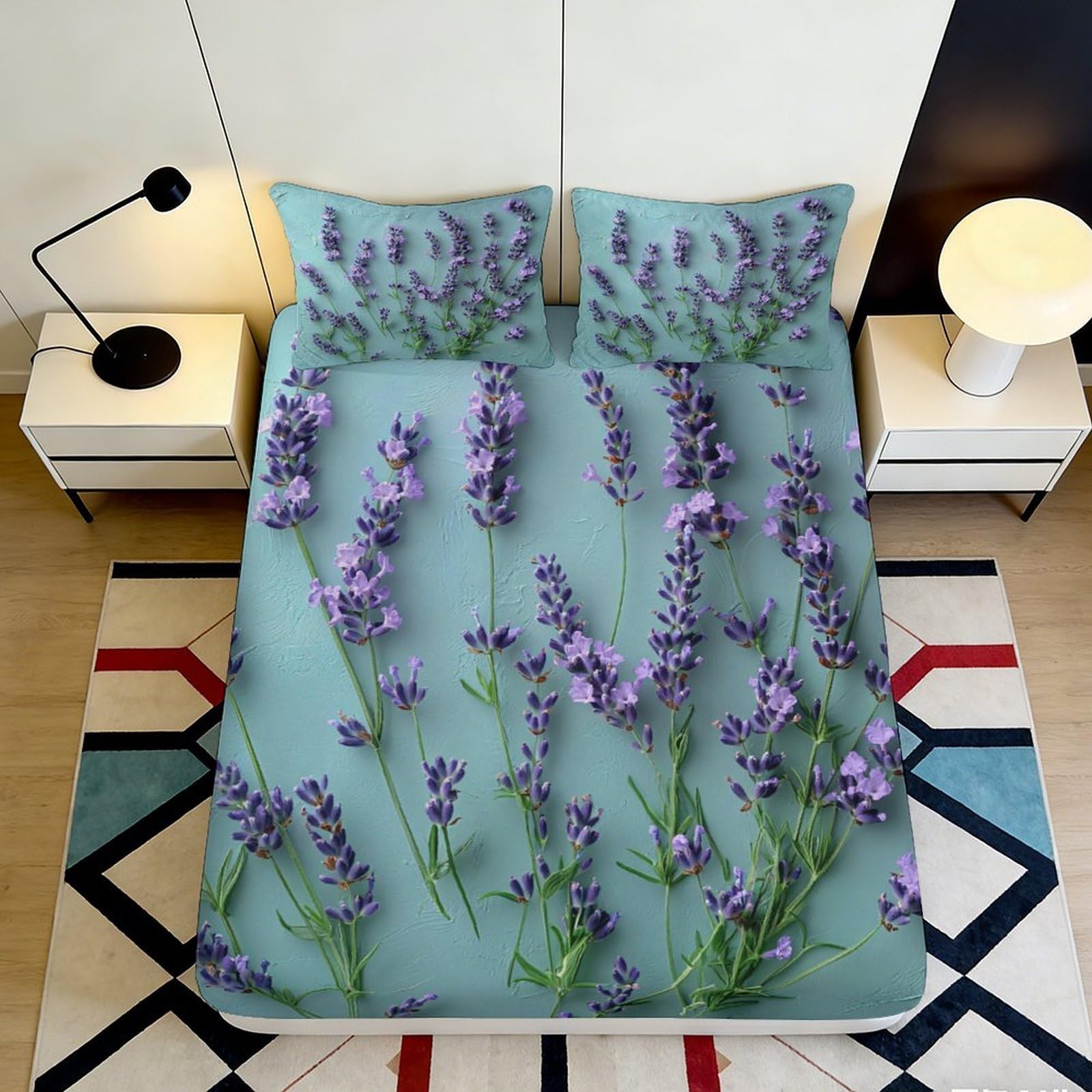 3D Printed Lavender Blossom Fitted Sheet Microfiber Soft Floral Mattress Cover for Bedroom Guest Room Decor 90x200x25cm