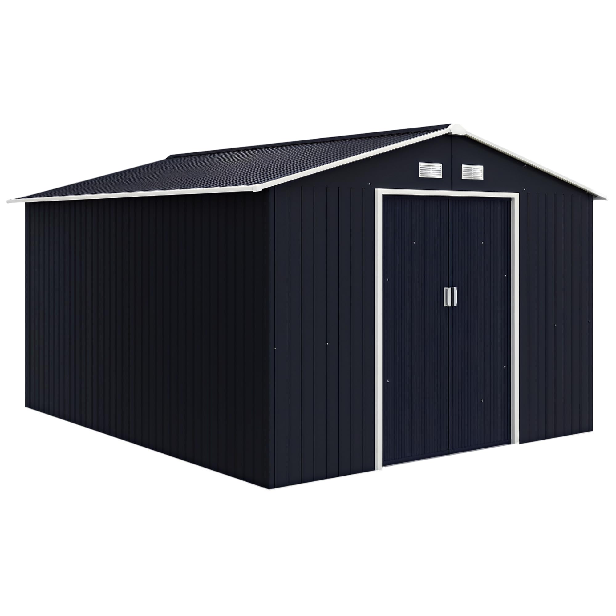 Outsunny11' x 9' Outdoor Storage Shed, Garden Tool Metal Shed with Foundation Kit, Double Lockable Door, Air Vents and Sloping Roof, for Backyard, Patio, Lawn, Dark Gray