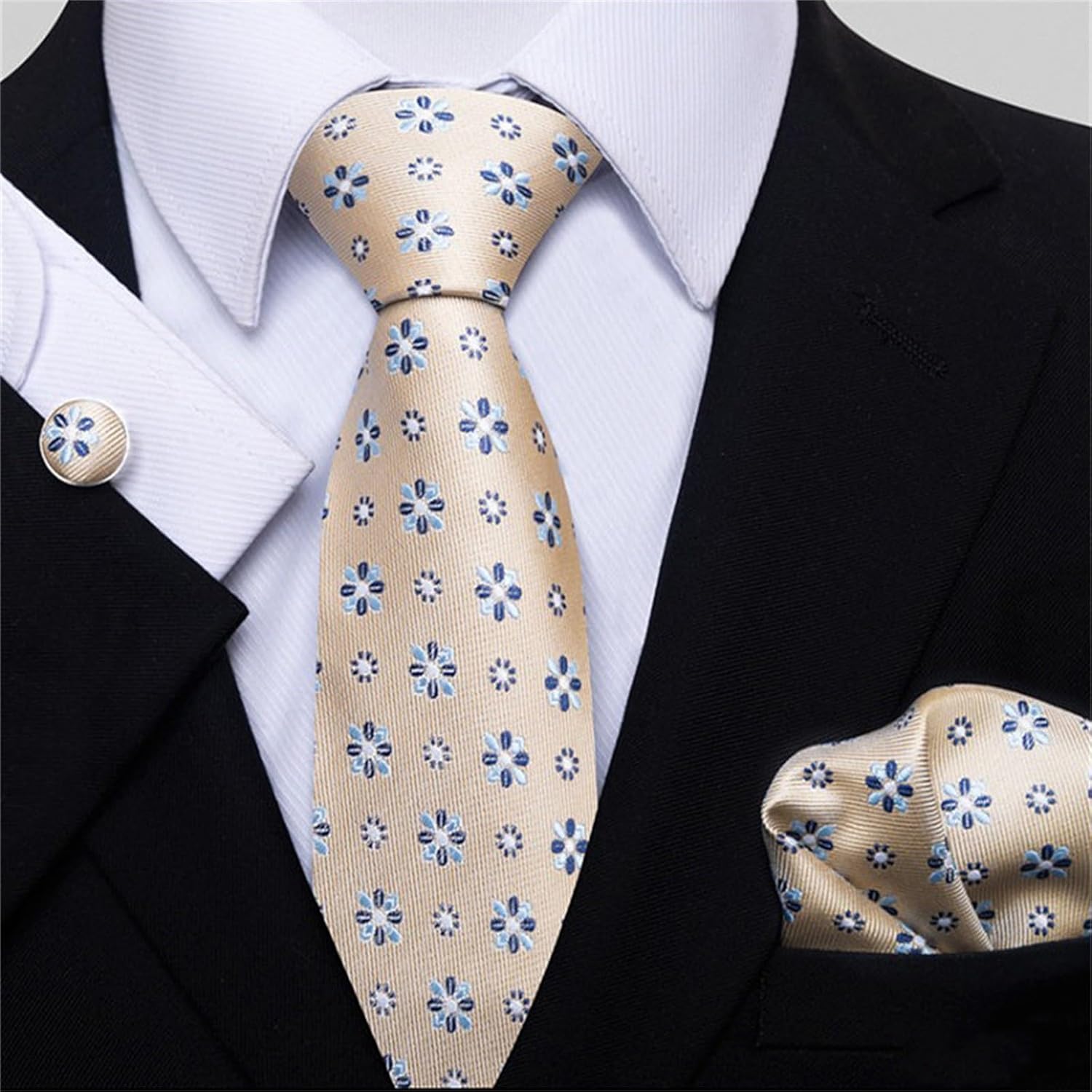 Men Ties Men's Tie Classic Tie with Handkerchief Cufflinks Set Business Wedding Tie Neckties(B)