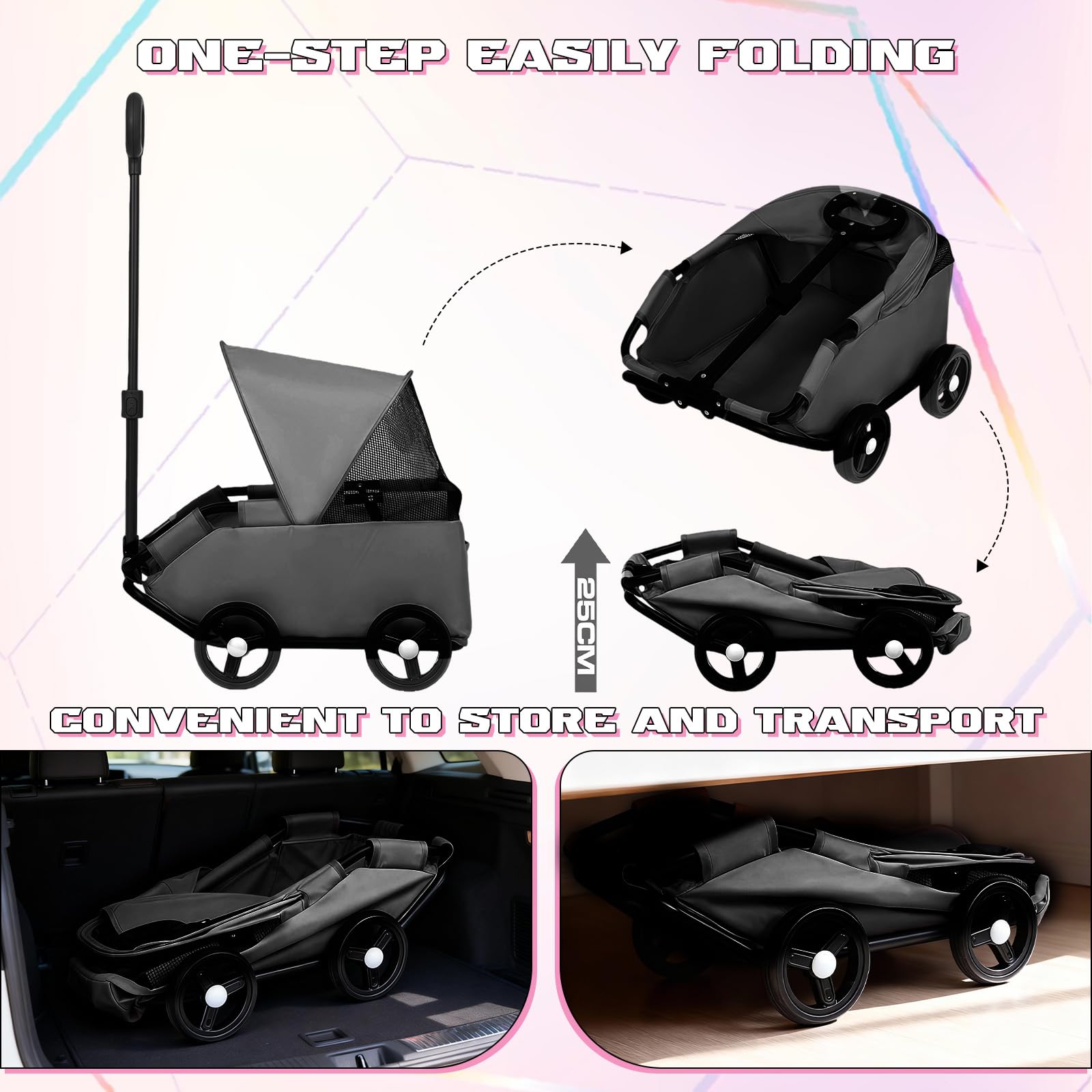 Chariot Pliable pour Chien, 4 Roues avec Barre Pivotante à 360°, Poussette pour Chat avec Visière Solaire, Mini Poussette pour Animaux de Compagnie, Tissu Oxford 600D (noir)