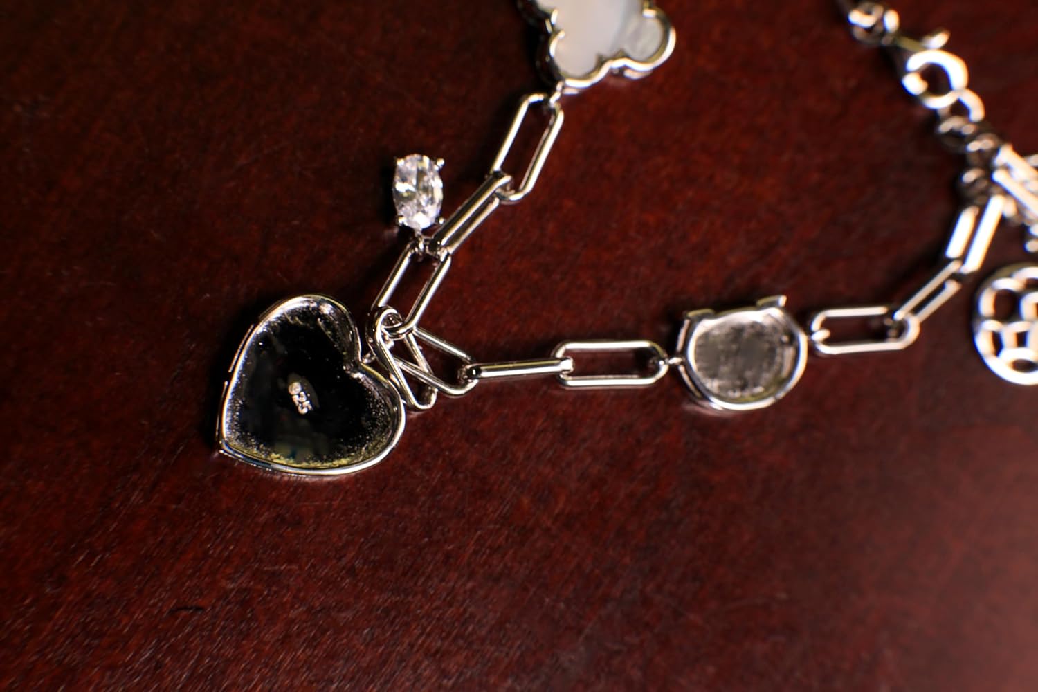 Solid 925 Sterling Silver Lucky Charm Heart Bracelet Paperclip Chain CZ diamond Adjustable 6.5”to 7.5" bracelet, energy, Chakra, love