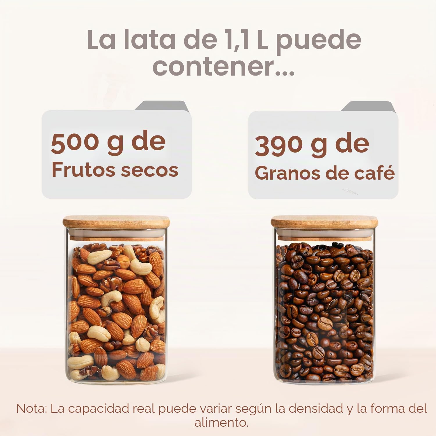 ComSaf Tarros de cristal con tapa 1,1 L, pack de 9 para cocina y despensa | Frascos de vidrio, Botes cocina almacenaje, Tapas de bambú, Garbanzos, Azúcar blanco, Pimentón dulce, Vidrio borosilicato