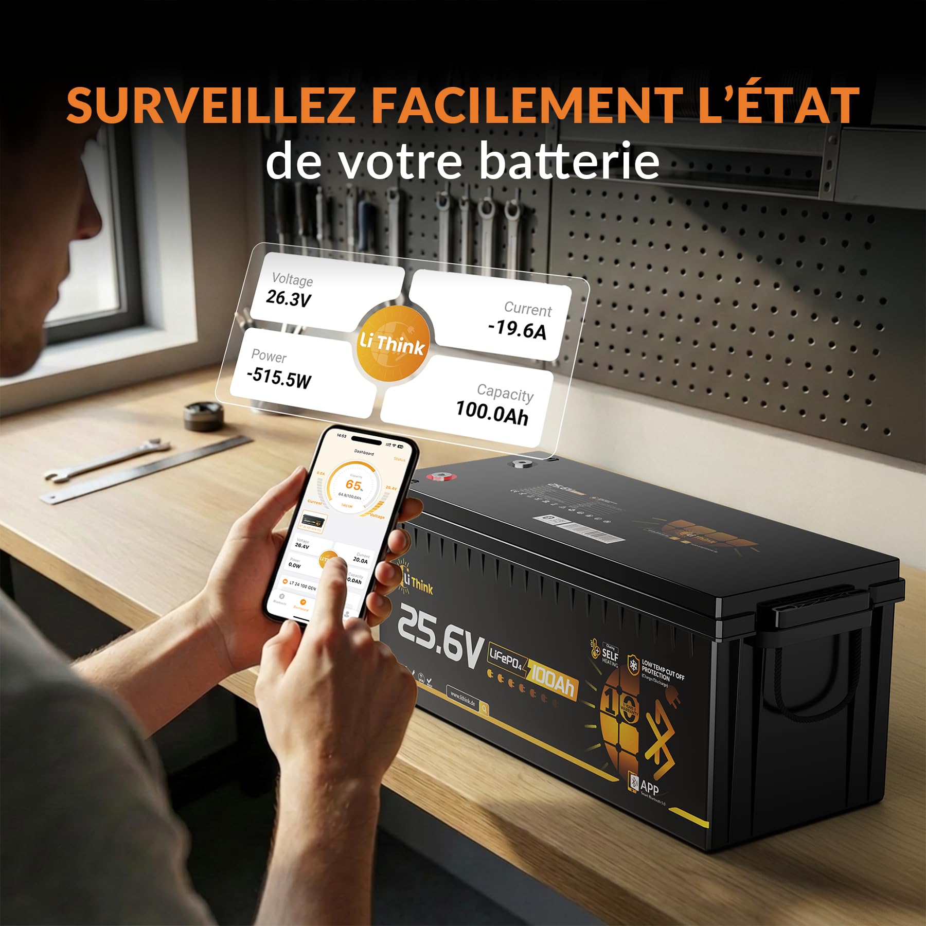 Batterie LiFePO4 Lithium 25.6V 100Ah Bluetooth, 150A BMS Protection, 2560Wh Énergie, Jusqu’à 15000 Cycles, Batterie Solaire Camping-Car, Bateau, Marine, Système Hors Réseau