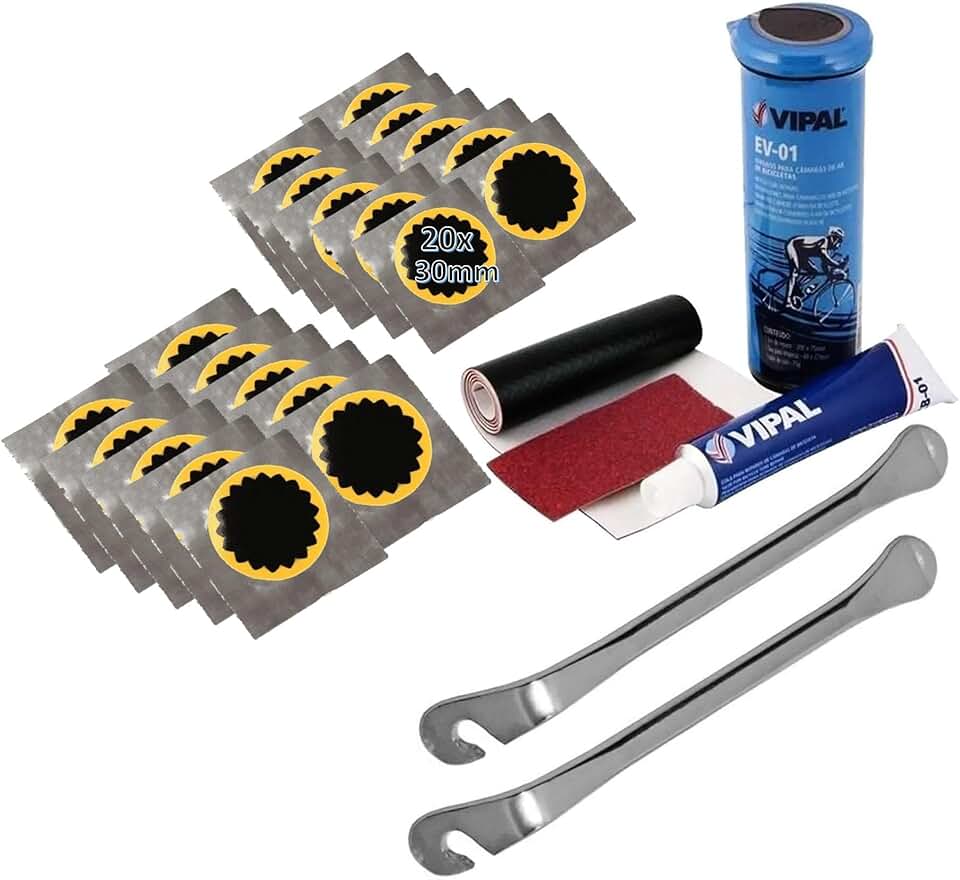Kit Reparo Câmara Ar Bike Vipal + 20 Remendos Estrela + 2 Espátulas Aço Cromada Reforçada