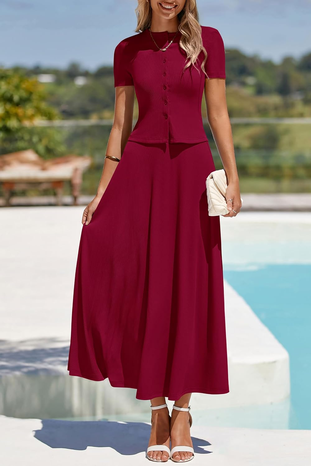 PRETTYGARDEN Women's 2 Piece Skirt Sets Summer Short Sleeve Button Up Knit Crop Top Flowy Maxi Skirts Travel Vacation Outfits - Image 7