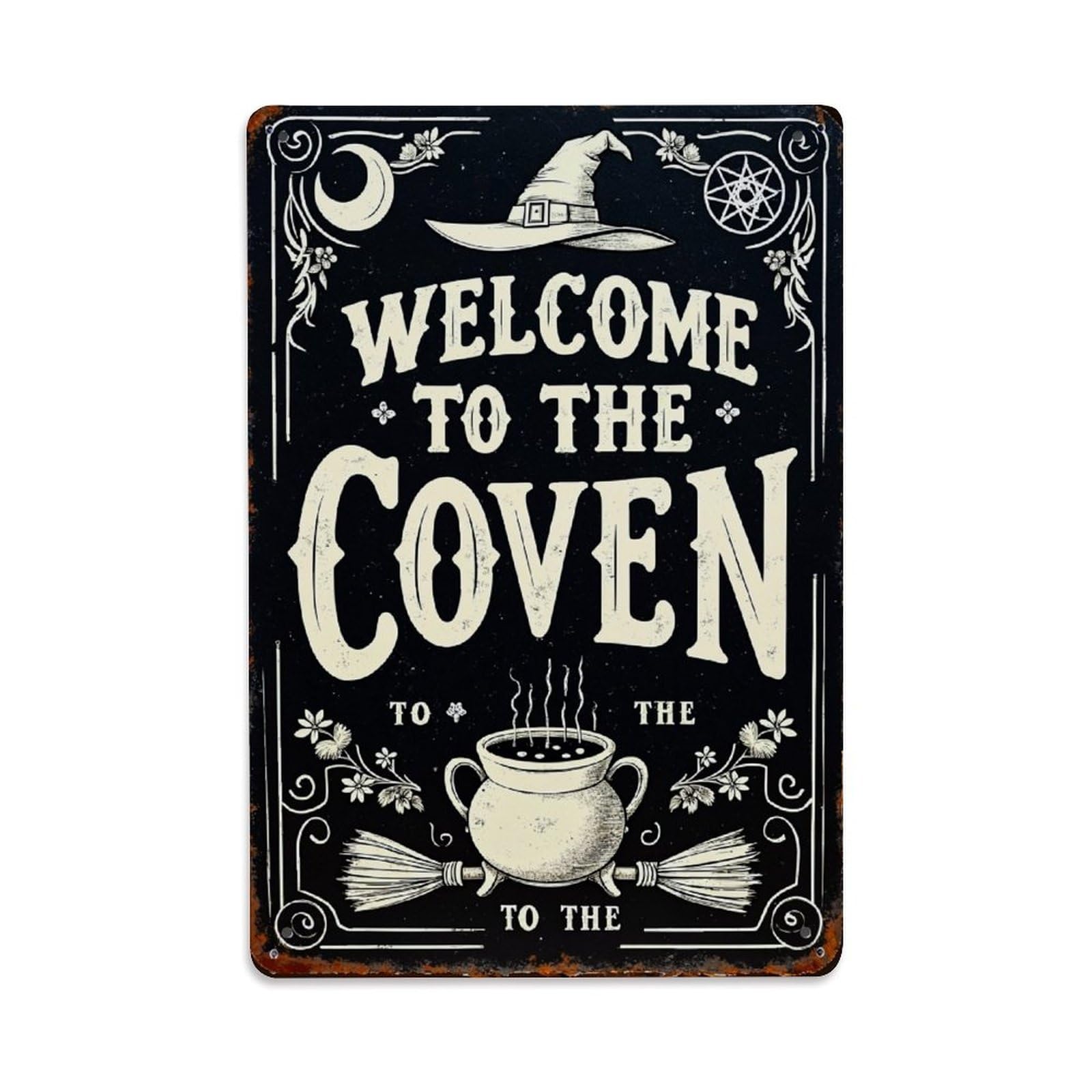 Witch Hat Moon Star Cauldron Vintage Tin Sign Retro Metal Wall Decor Metal Poster, Home Bar Garage Farmhouse Cafe Wall Art Decoration 8x12Inches