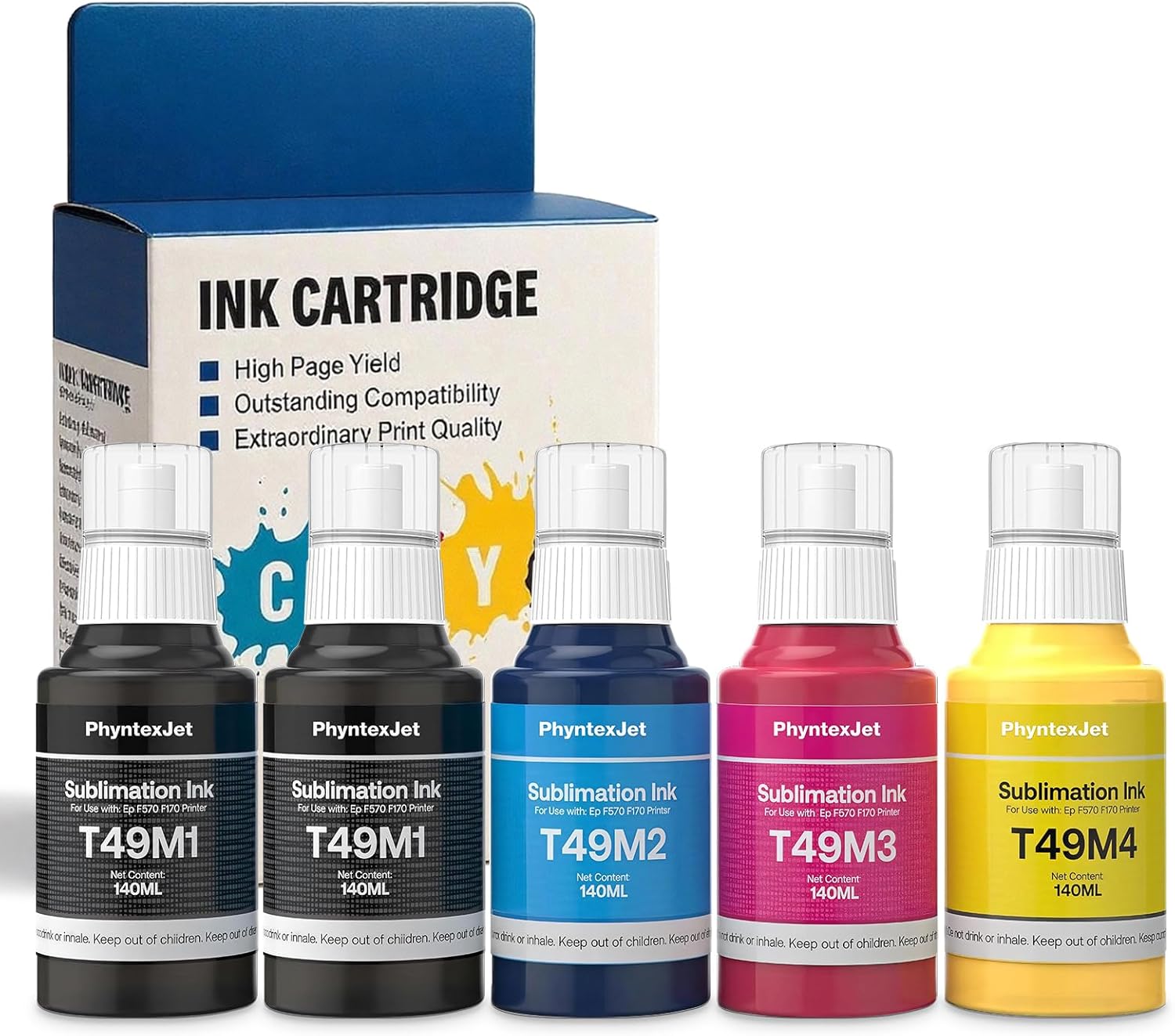 T49M Sublimation Ink Refill Bottles Compatible for Surecolor F170 F570 Dye-Sublimation Printer, Black Cyan Magenta Yellow 4-Pack (2*Black,Cyan,Magenta,Yellow)
