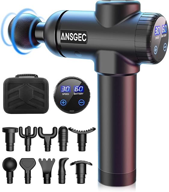 Massage Gun, ANSGEC Massage Gun Deep Tissue with 10 Massage Heads, 30 Speeds Powerful Muscle Massage Gun 2550mAh Electric Handheld Massagers, Percussion Massager for Muscle, Back, Neck, Body Relief