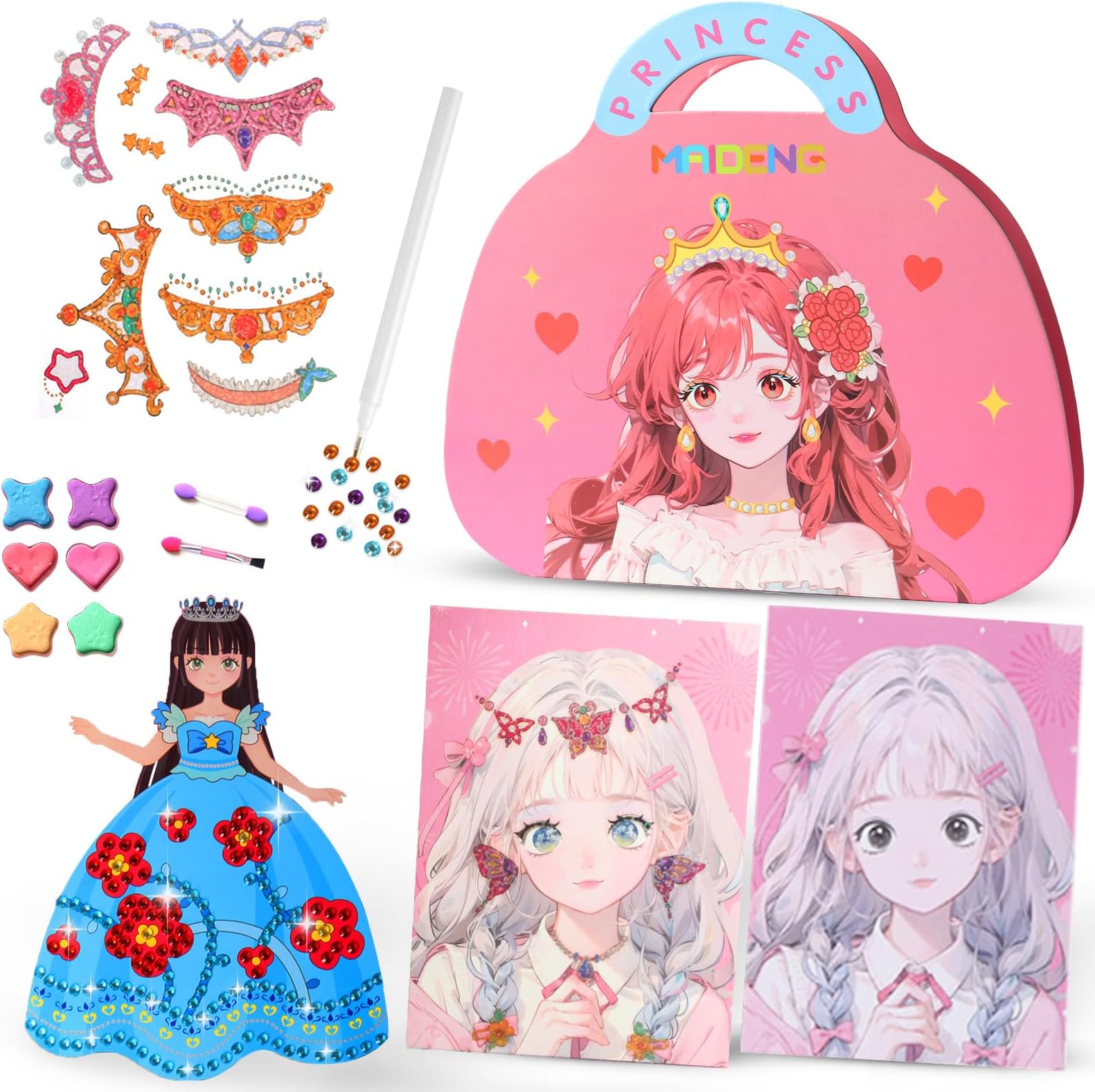 3-in-1 Dress Up Game Set,Princess Makeup Dress Up Game Set,Make Up Play on Paper&Diamond PaintingGirls Princess Sticker Books Travel Toys Birthday Gifts for Girls Ages 4 5 6 7 8 9+