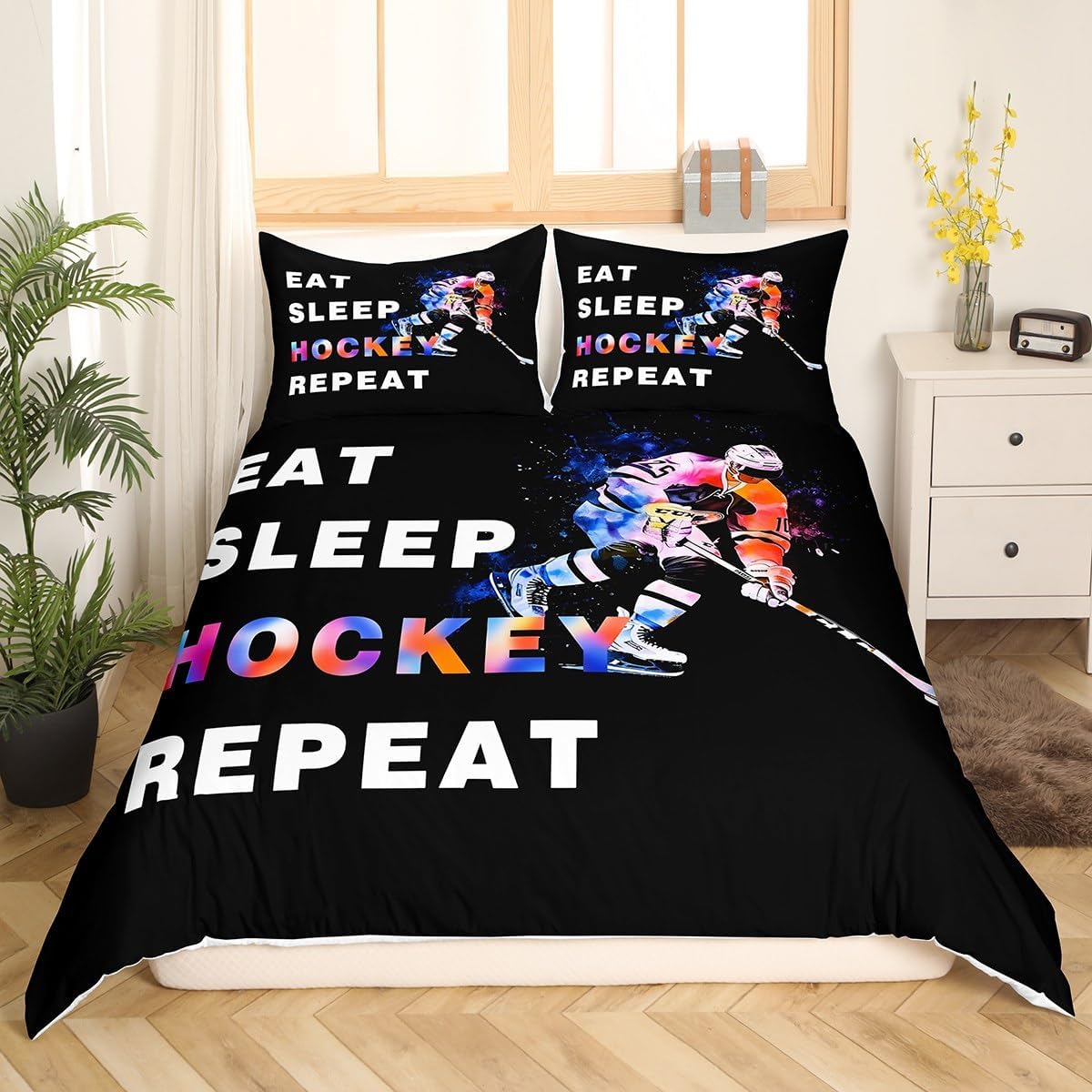 Feelyou Ice Hockey Bedding Set Twin Size Kids Sports Theme Comforter Cover Set for Boys Girls Teens Eat Sleep Ice Hockey Duvet Cover Ball Gaming Bedspread Cover (No Comforter)