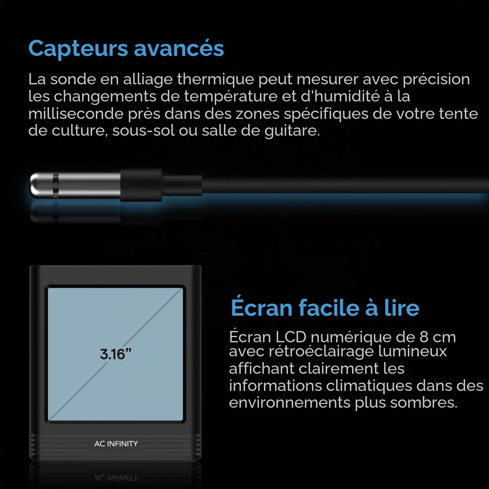 AC Infinity Hygromètre intelligent de température et d'humidité B1 avec écran LCD