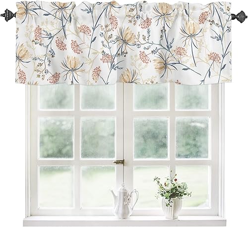 YOKOU Cenefa de cortina de cocina, estampado de flores de primavera con hojas minimalistas, cortina corta con bolsillo para barra para dormitorio,