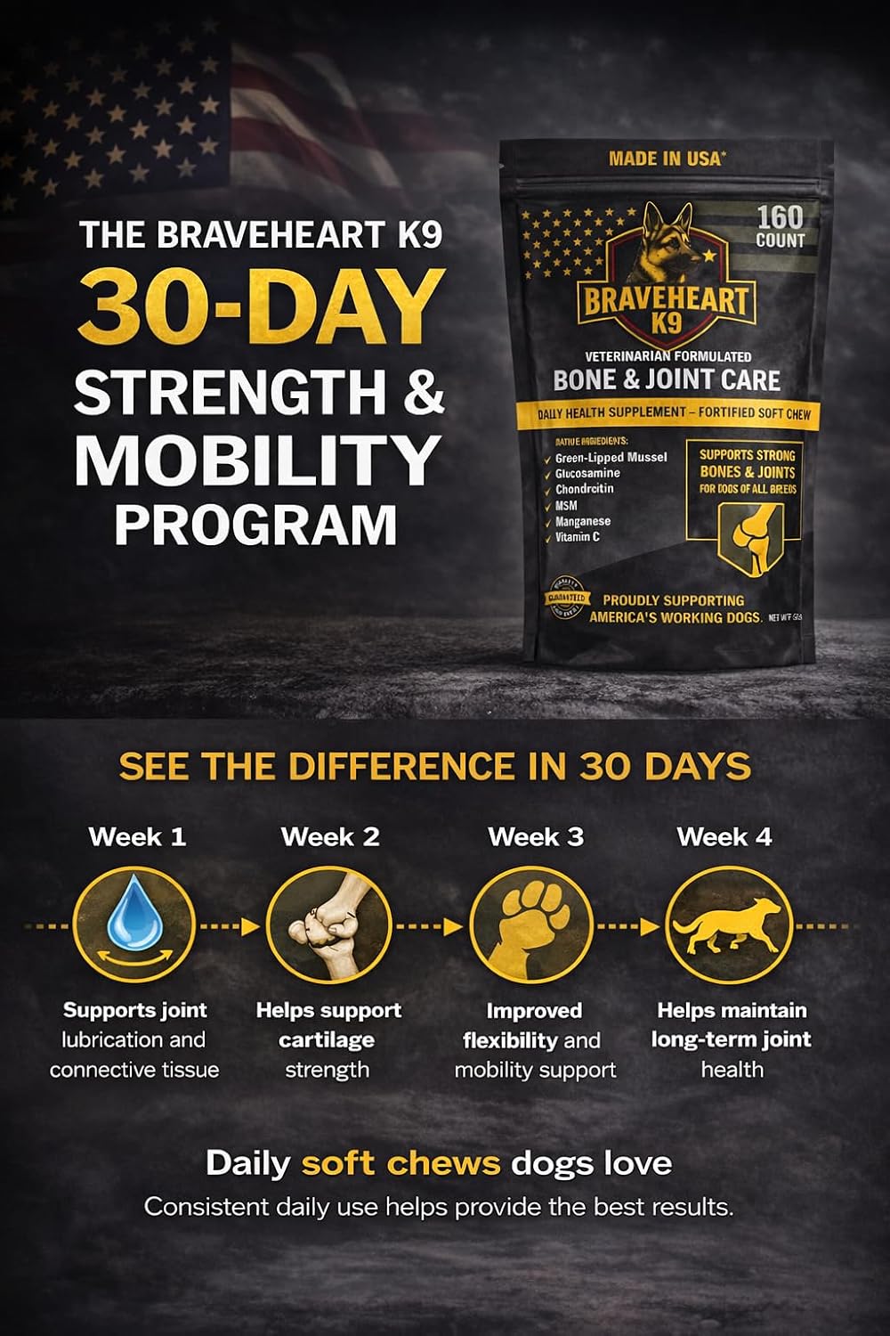 Braveheart K9 Bone & Joint Care Supplement for Dogs, Soft Chew with Glucosamine, Chondroitin, MSM, Green-Lipped Mussel, Manganese, Vitamin C, 160 Count