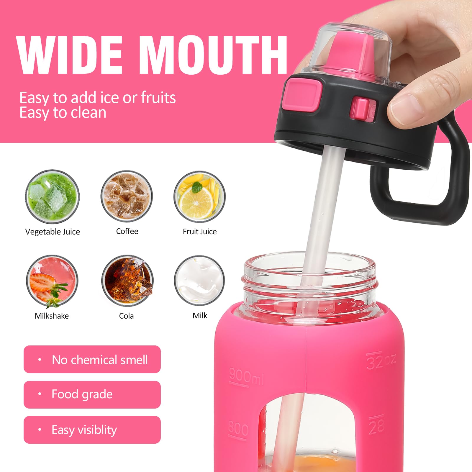 BLUEGO 900ml Bottiglia d'acqua in vetro con manico e cannuccia con manicotto in silicone per sport da palestra all'aperto Bottiglia d'acqua motivazionale a prova di perdite, Viola