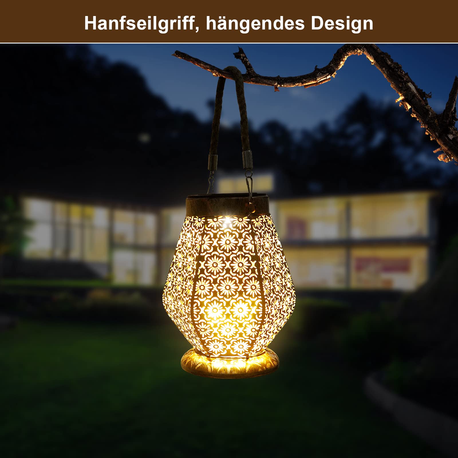OUILA Lanterna solare per esterni, 2 lampadine a LED solari da giardino, IP65, impermeabili, da appendere, per esterni, giardino, balcone, esterno, terrazze, ecc