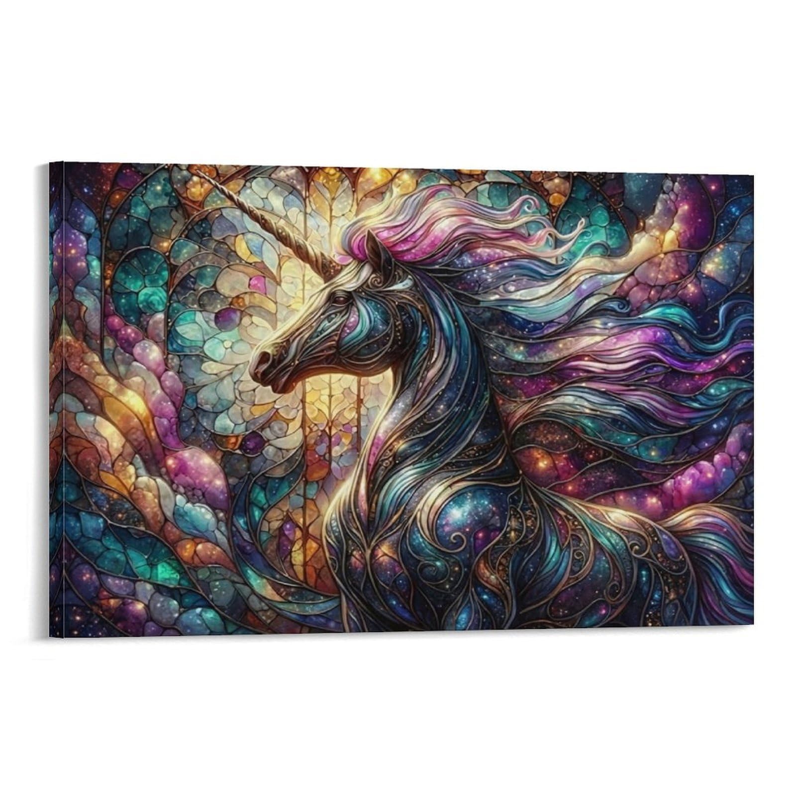 CPLVKWRQJ Stained Glass Unicorn Single Rainbow Mane Unicorn Stained Glass Design Framed Wall Art - Living Room Focal Point Ready to Hang Fade Resistant Wall Artwork 20x30inch(50x75cm)