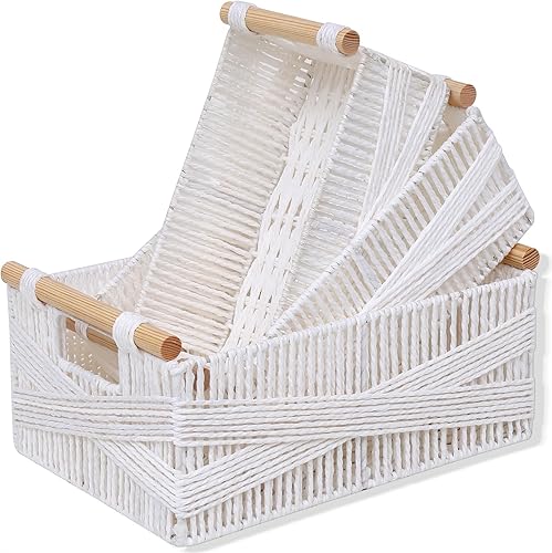 Cestas de almacenamiento de cuerda de papel con asas de madera, cestas tejidas hechas a mano para encimera decorativa para organizar, cesta de papel
