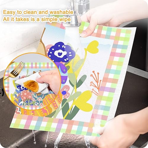 Miniatura 5 de Juego de 4 manteles individuales de Pascua con diseño de conejito de conejo, mantel individual para mesa de comedor de primavera, vintage, búfalo