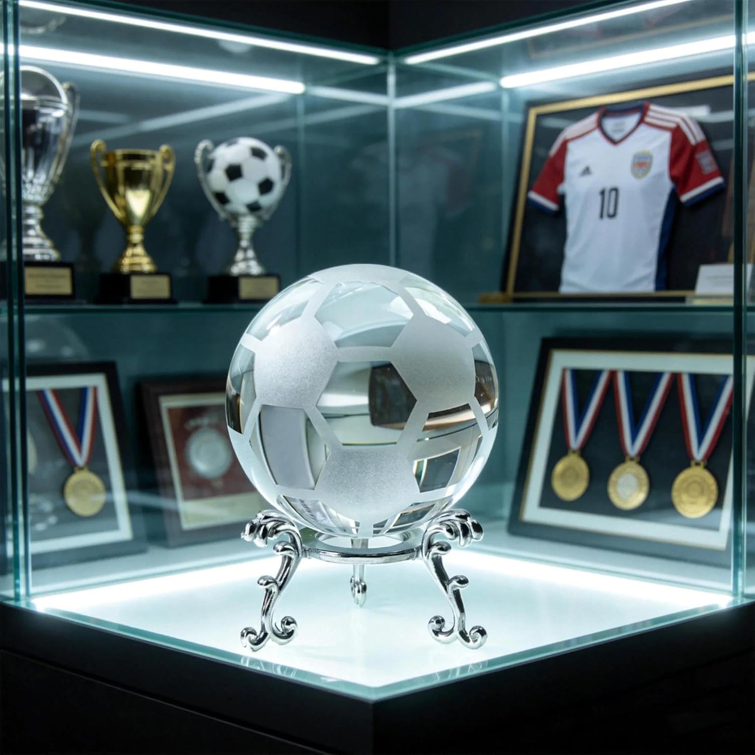 HDCRYSTALGIFTS 60mm Soccer Crystal Ball Figurines with Stand Glass Decorative Ball Sphere Football Paperweight Gift for World Cup Sport Fan Home Office Table Decor