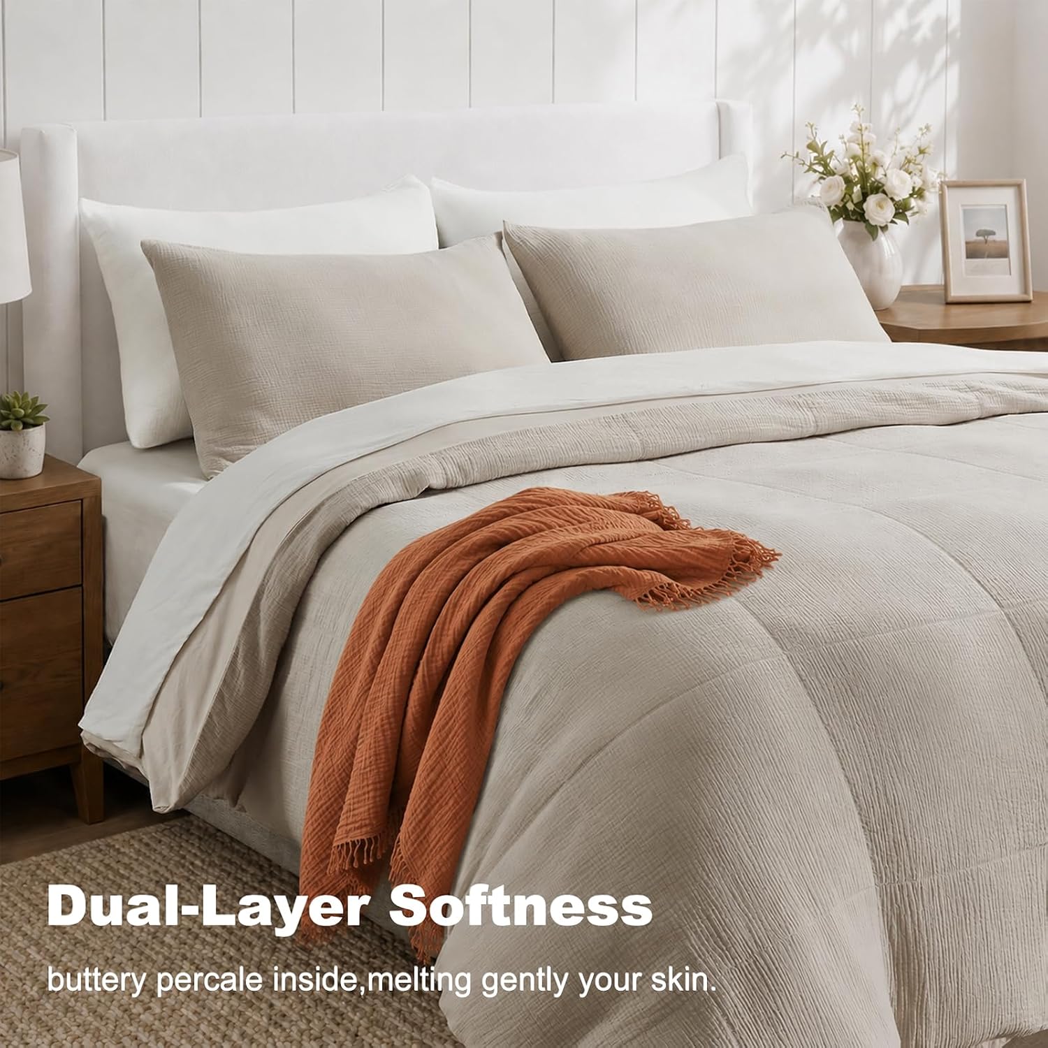 HYPREST Muslin Duvet Cover Queen Size, Cloud-Gauze Cotton Duvet Cover Set, Breathable & Lightweight, Soft Textured Linen Like Bedding Set with Zipper & 8 Corner Ties (Linen, Queen, 90"x90")