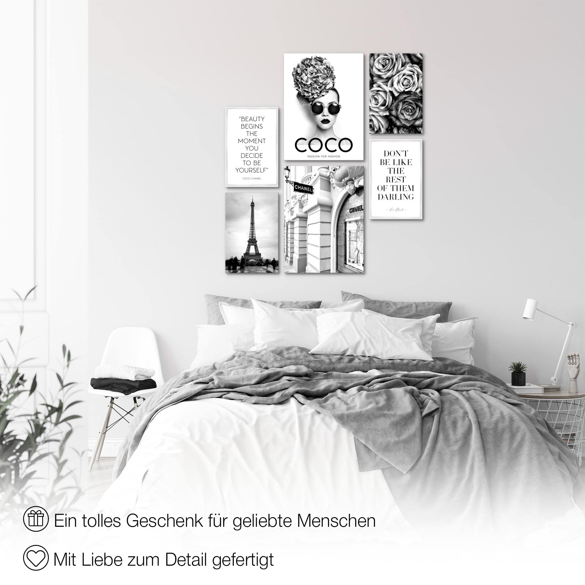 Novart Wandbilder Set Fashion Coco Schwarz Weiss - KEIN EXTRA RAHMEN BENÖTIGT - Modern Deko - Wohnzimmer Mädchen Teenager N009063a