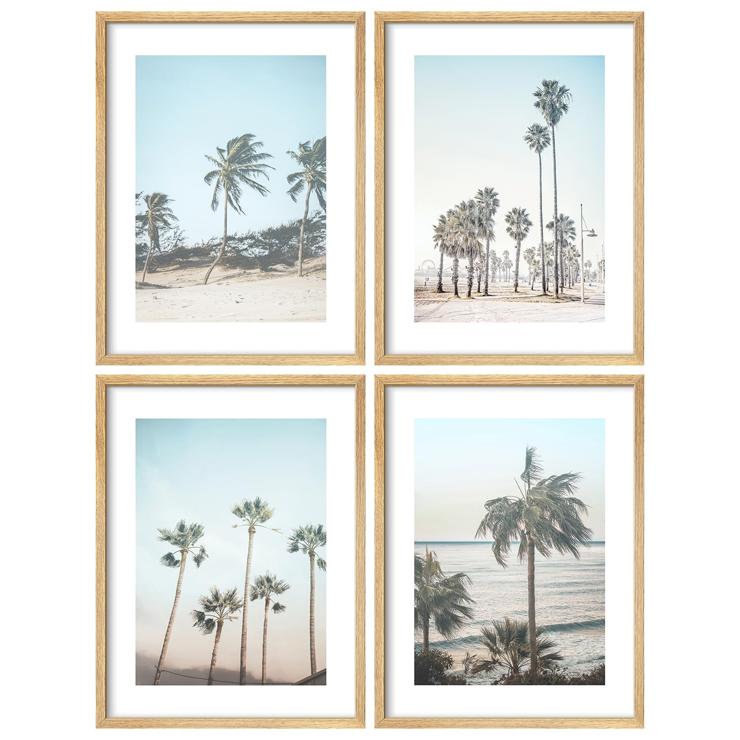 SIGNWIN Framed Washed Out Retro Vintage Palm Tree Beach Wall Art, Set of 4 Ocean Landscape Wall Decor Prints, Nature Wilderness Wall Décor for Living