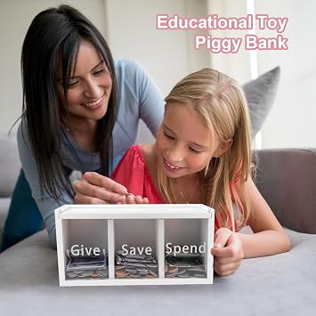 Spend Save Give Piggy Bank for Kids, Money Coin Savings Piggy Bank Jar Box for Kids Child Safe Money Saver, Teach Children About Giving & Saving Money Piggy Box for Childrens Boys Girls, White