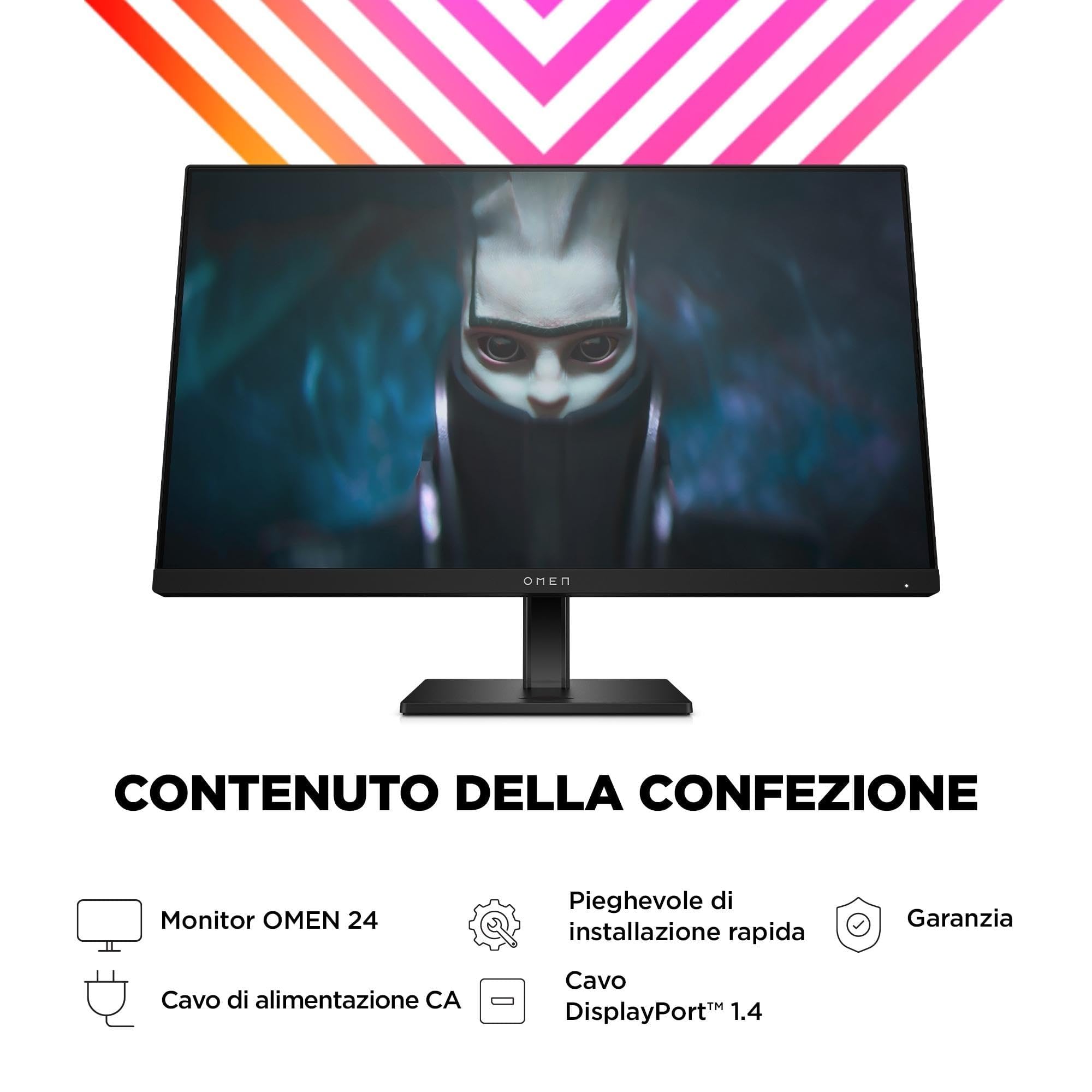 HP OMEN 24 FHD Monitor, Schermo da 24'' Full HD, Risoluzione 1920 x 1080 Pixel, Pannello IPS 16:9 da FHD – 165 Hz -1 ms, 1 ms, IPS - HDR 400-450 Nits, Antiriflesso, AMD FreeSync, USB, HDMI, Nero