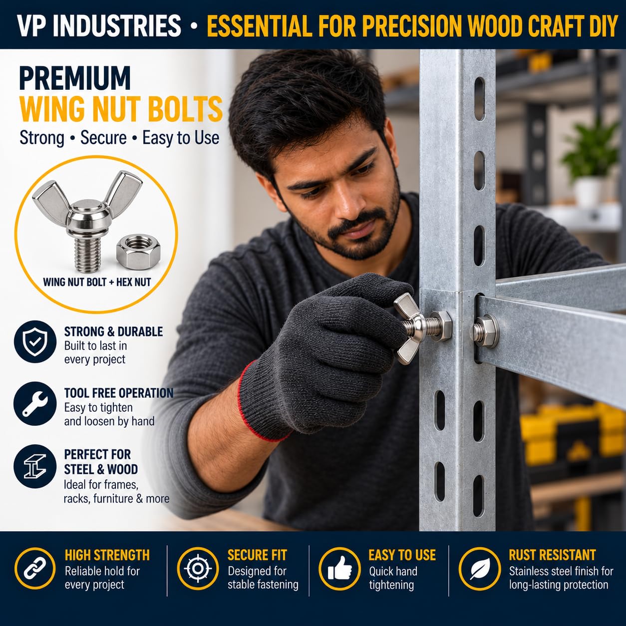 By VP INDUSTRIES (Combo-10) M6x40 Wing Nut Bolt with Hex Nut — Amazon image 2