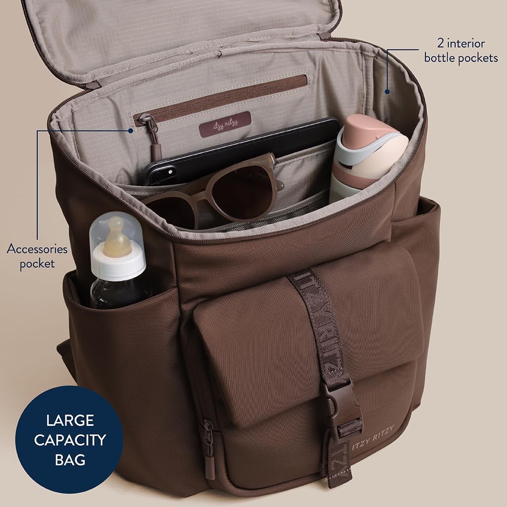Itzy Ritzy Belong Bucket Backpack – Lightweight Diaper Bag Backpack Featuring 16 Pockets, Bucket Top Opening, Stroller Straps & Changing Pad – Organized and Stylish Everyday Family Backpack (Mocha)
