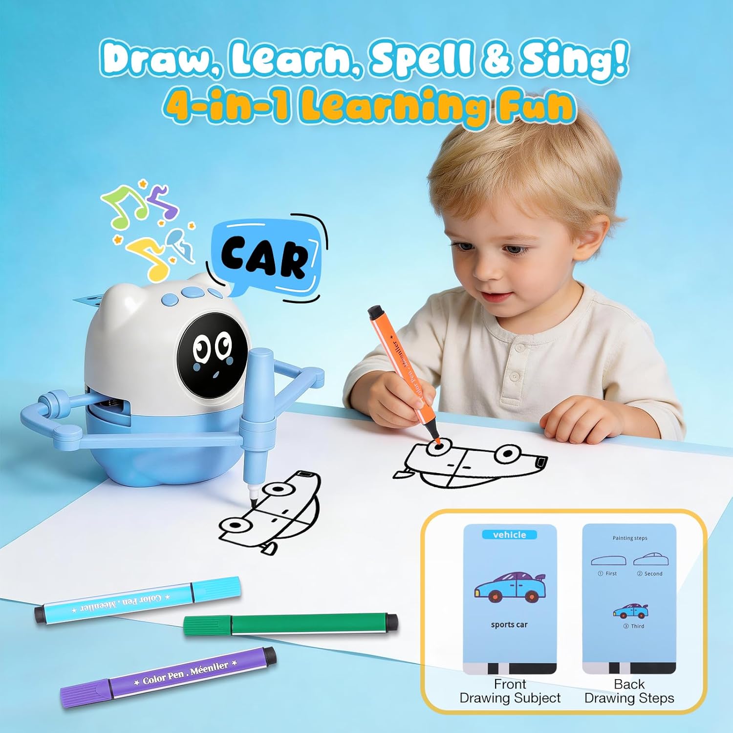 Drawing Robot for Kids Ages 3-8, Screen Free Step by Step Drawing Toy with 150+ Cards, 4-in-1 Learn to Draw Educational Robot, No App Required Art Supplies for Toddlers Boys Girls Birthday Gift