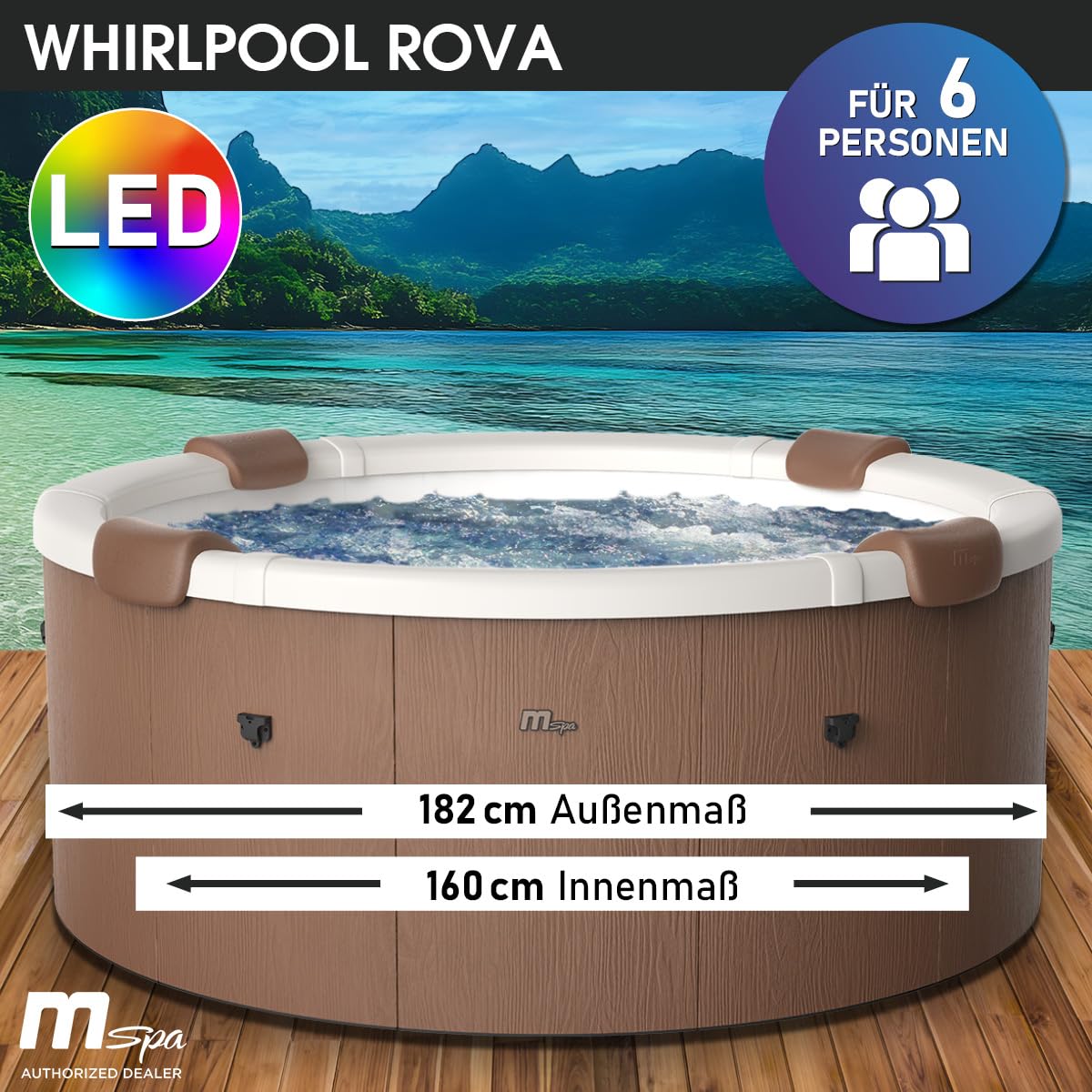 BRAST Whirlpool MSpa Rova mit Fester Außenwand | Ø182x70cm | LED-Beleuchtung mit 20 einstellbaren Farben für 6 Personen | 130 Massagedüsen | Ganzjähriger Einsatz Winterfest | In & Outdoor Pool