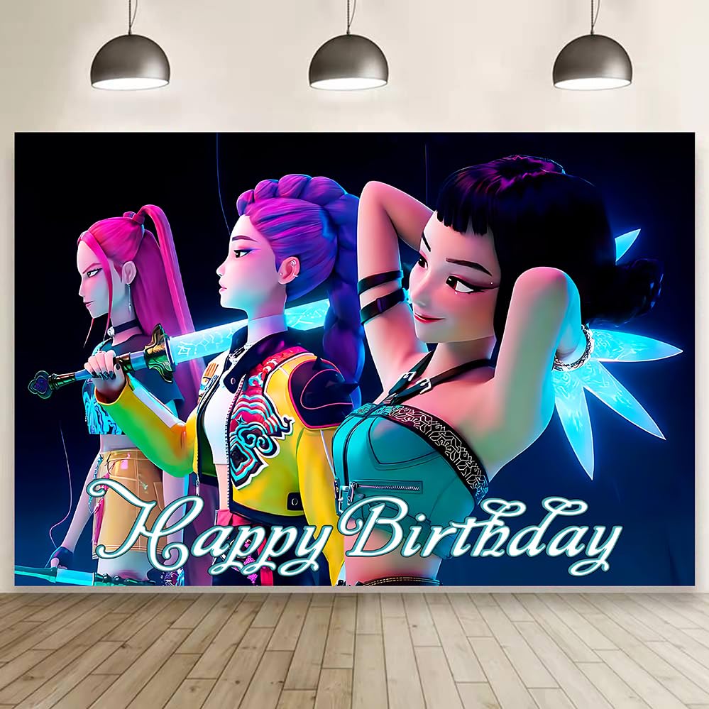 Demon Hunters Girls Birthday Decorations, Demon Hunters Happy Birthday Banner Backdrop for Kids Birthday Party Supplies (5x3ft)