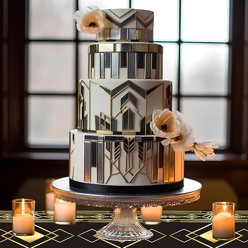 Miniatura 6 de Unittype 3 manteles negros y dorados de plástico con temática de los años 20, suministros de fiesta de los años 20, mantel para cumpleaños, años