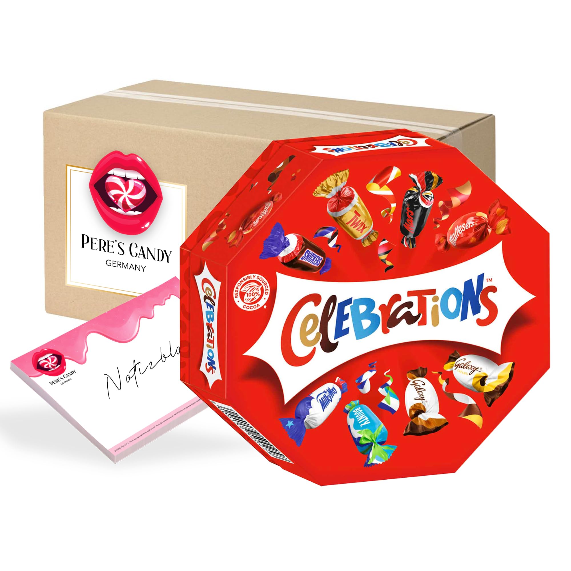 Pere's Candy Bundle für 8 x 186 g Celebrations Geschenkbox Mini Schokoriegel Mix, Twix, Snickers + Pere's Candy Notepad DIN A7-25 Blatt