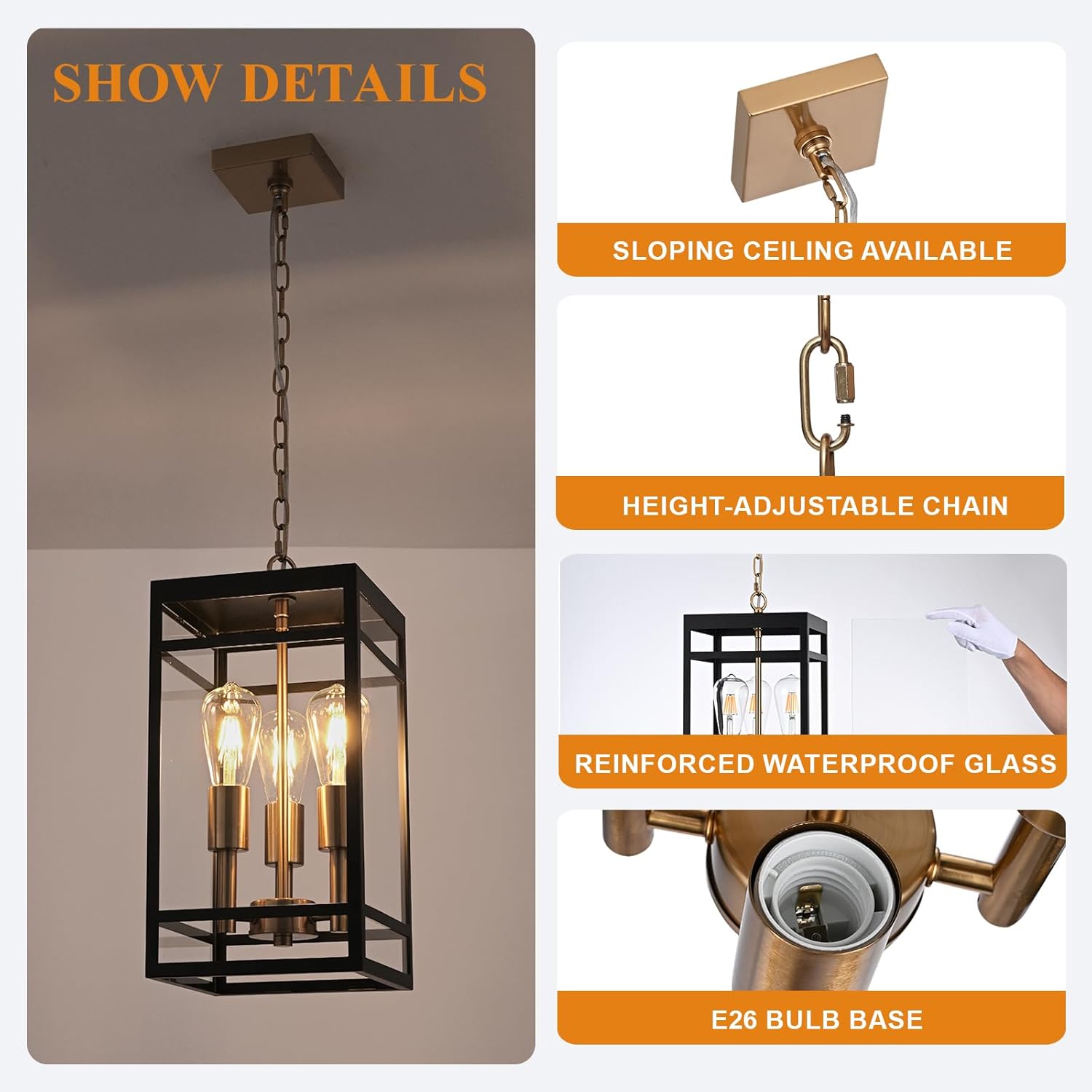 VINLUZ 3-Light Outdoor Pendant Light with Adjustable Chain, 16" Black and Gold Finish Outdoor Hanging Light Fixture, Exterior Hanging Lantern Chandelier for Entryway Patio Garden Black Brass 3 Light