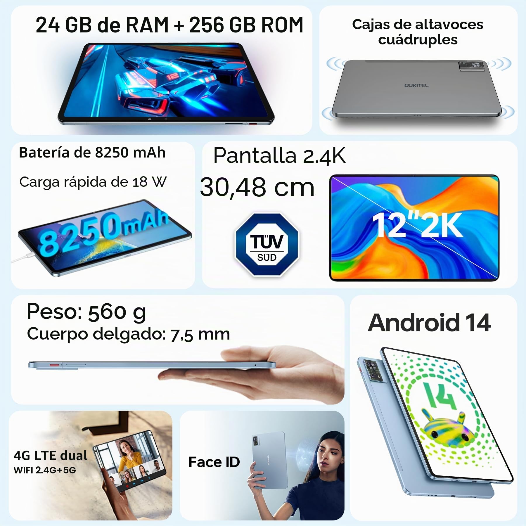 OT5S Tablet Android 14-12 Pulgadas, 24GB (6+18) RAM+256GB ROM (TF 2TB), 2.4K Pantalla IPS, 8250mAh, 16MP, Dual 4G LTE/5G WiFi, Widevine L1, Octa Core con Lápiz y Funda