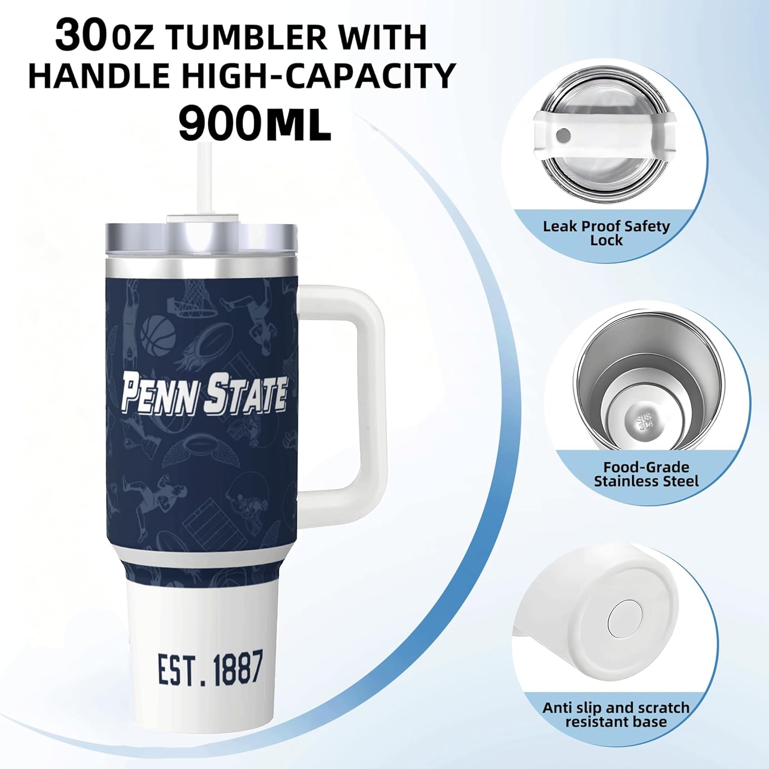 Tumbler 30oz Straight Skinny Portable Handle Car Cups With Anti slip Sleeve Straw Dust Cover,Sports Travel,Stainless Steel Insulated Gifts for Men Women Fans - Image 4